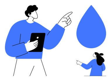 İki kişi dijital aletlerle iletişim kuruyor, biri tablet tutuyor ve işaret ediyor, diğeri de yukarı uzanıyor. Takım çalışması, dijital iletişim, yenilik, teknoloji ve yaratıcılık için ideal