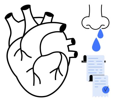 İnsan kalbi çizimi, mavi bir damlaya damlayan burun ve üzerinde çekler olan iki tıbbi belge. Sağlık, anatomi, tıp eğitimi, biyoloji eğitimi, bilinçlendirme kampanyaları için idealdir. Basit.
