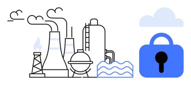 Duman yayan fabrikanın tankları ve bacaları var. Yanında da güvenli bir asma kilit ve bulut var. Siber güvenlik sektörü için ideal ortam verileri endüstriyel güvenliği ve bulut güvenlik temalarını koruyor. Basit.