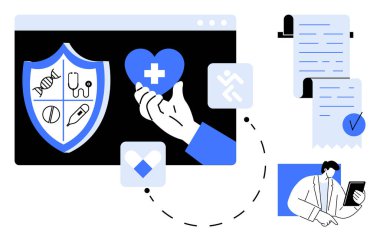 Kalkandaki tıbbi semboller, kalbi tutan bir el ve tabletle noktalı çizgilerle birbirine bağlı bir doktor. Sağlık, teknoloji, tıbbi araştırma, teletıp, modern tıbbi çözümler için ideal