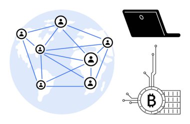 Birbirine bağlı insanlardan oluşan bir ağ, dijital erişimi sembolize eden bir dizüstü bilgisayar ve şifreli para birimini temsil eden bir Bitcoin sembolü. Teknoloji, ağ, kripto para birimi ve dijital finans için ideal