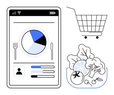 Mobil cihaz beslenme izleme şemasını, alışveriş arabası ikonunu ve taze sebzeleri gösteriyor. Sağlıklı beslenme, diyet planlaması, market alışverişi, sağlık uygulamaları ve yiyecek takibi için ideal. Basit vektör