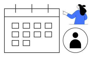 Kadın, bir kullanıcı simgesinin yanında bir takvimi işaret ediyor. Program, planlama, organizasyon, takım koordinasyonu ve zaman yönetimi için ideal. Üç renk düz stil