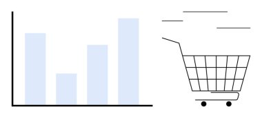 Çizilmiş alışveriş arabasının yanında bir bar çizelgesi. Veri analizi, piyasa eğilimleri, tüketici davranışı, iş büyümesi, perakende analizleri için ideal. Minimalist stil