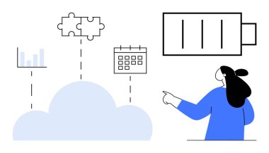 Bar çizelgesi, takvim, bulmaca ve aküye bağlı bir kadın. Veri depolama, bulut hesaplama, iş analizleri, görev yönetimi ve güç yönetimi için ideal. Basit temiz biçim