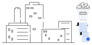Evraklar ve patlamış mısır kutusuyla çevrili minimalist şehir manzarası. Kentsel yaşam, belgelendirme, yönetim, boş zaman aktiviteleri ve minimalist tasarım için idealdir. Basit çizgi çizim biçimi