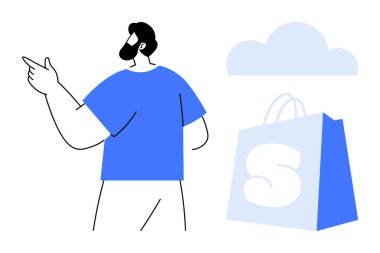 Yakınlarda mavi bir alışveriş çantası ve bulut olan bir adam var. E-ticaret, alışveriş, bulut hizmetleri, çevrimiçi perakende satış ve modern iletişim konuları için ideal. Basit ve modern stil