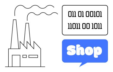 Factory with smoke, binary code in black speech bubble, and blue bubble with text Shop. Ideal for technology, industrial innovation, digital commerce, e-commerce, and binary communication. Simple clipart