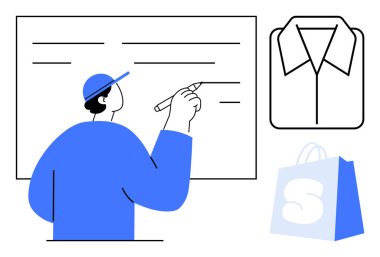 Tahtaya yazı yazan bir kişi, bir tişört ikonu ve bir alışveriş poşeti ikonu. Alışveriş, planlama, perakende, moda ve eğitim temaları için ideal. Mavi ve beyaz renkli basit, modern vektör biçimi