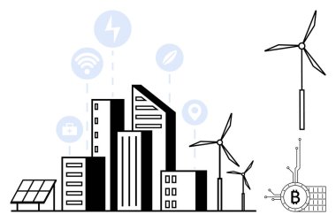 Rüzgâr türbinleri ve güneş panelleri olan siyah beyaz şehir manzarası. Teknoloji ve yeşil enerji sembolleri binaların üzerinde asılı duruyor. Sürdürülebilirlik, yeşil enerji, akıllı şehirler ve teknoloji için ideal