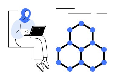 Dizüstü bilgisayarı ve moleküler yapısı olan biri oturuyor. Eğitim, teknoloji, çevrimiçi öğrenme, bilimsel araştırma ve yenilik için ideal. Modern, basit, minimal stil