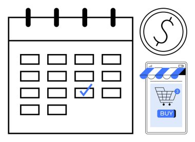 İşaretli tarihli takvim, akıllı telefon çevrimiçi alışveriş arabası ve daire şeklinde bir dolar işareti. Çevrimiçi alışveriş, e-ticaret, programlama, finansal planlama ve hatırlatmalar için ideal. Minimalist