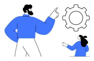 Mavi elbiseli iki kişi büyük bir dişli çarkını tartışıyor. Takım çalışması için ideal beyin fırtınası işbirliği mühendisliği yenilikler problem çözme tartışmaları işbirliği mekanik işi