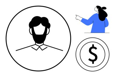 Daire içinde bir kişi, bir kişi, bir kişi ve bir dolar işareti ile basit bir vektör tasarımı. Finansal, ticari, pazarlama, liderlik ve iletişim konuları için ideal. Temiz ve asgari biçim