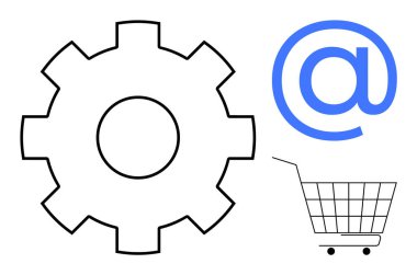 Vites, e-posta sembolü ve alışveriş arabası teknolojiyi, iletişimi ve alışverişi gösteriyor. Çevrimiçi iş, dijital pazarlama, e-ticaret sistemleri, teknoloji hizmetleri ve modern perakende satış için ideal. Basit.