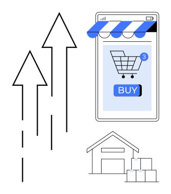 Online alışveriş uygulamalı cep telefonu, üç alışveriş arabası tebligatı istiflenmiş kutuları olan depo binası ve büyümeyi gösteren yukarı doğru oklar. İnternet üzerinden e-ticaret, mobil alışveriş için ideal.
