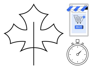 Büyük bir yaprak taslağı, mavi çizgili bir kapağı olan akıllı telefon online alışveriş arabası, satın alma düğmesi ve bir kronometre. Çevrimiçi alışveriş, e-ticaret, zaman yönetimi ve dijital için ideal