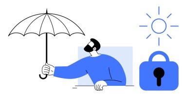 Güneş ikonuna karşı elinde şemsiye tutan bir adam. Güvenlik, koruma, güvenlik, hava önlemleri ve kişisel güvenlik için ideal. Basit düz biçim