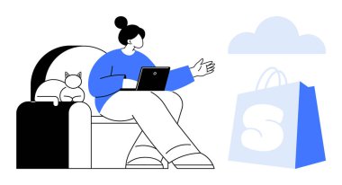 Tabletli bir kadın, kanepede kedisinin yanında oturuyor. Önünde S logosu olan bir alışveriş torbası, bulutların üstünde. E-ticaret için ideal, online alışveriş, dijital işlemler, rahat yaşam tarzı, modern