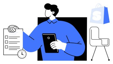Adamın elinde kontrol listesi ve saati yanında sandalye ve alışveriş çantası olan tablet var. Üretkenlik, ofis, çevrimiçi alışveriş, zaman yönetimi, iş temaları için ideal. Basit modern biçim