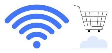 Mavi kablosuz sinyal simgesi bir bulutun üzerindeki siyah alışveriş arabasına bağlanıyor. Çevrimiçi alışveriş, e-ticaret, dijital pazarlama, teknoloji hizmetleri ve bulut hesaplama için ideal. Düz vektör biçimi