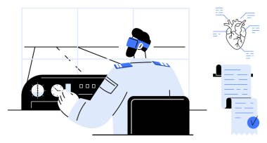 Pilot pilot pilot pilot kabininde, kulaklık takıyor. Yanında bir kalp şeması ve bir kontrol listesi var. Tıbbi havacılık eğitimi için ideal, pilot sağlık denetimi, uçuş güvenliği, pilot