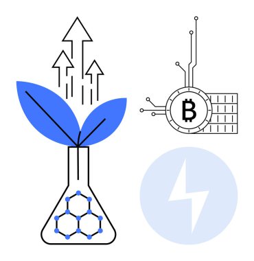 Matara, Bitcoin sembolü ve yıldırımla büyüyen bir bitki tasarımı. Teknoloji, bilim, yenilik, kripto para birimi ve sürdürülebilirlik için ideal. Modern çizgi sanat tarzı. Boğa koşusu