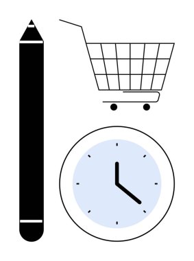 Kalem, alışveriş arabası ve minimalist tarzda saat simgeleri. İş planlama, zaman yönetimi, çevrimiçi alışveriş, verimlilik ve eğitim için ideal. Siyah, beyaz ve açık mavi renkleri aktarır
