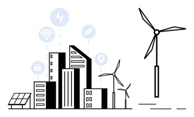 Güneş panelleri, rüzgar türbinleri ve çeşitli teknoloji ikonları olan binalar. Yenilenebilir enerji, akıllı şehirler, teknoloji gelişimi, sürdürülebilirlik ve kentsel kalkınma temaları için idealdir. Temiz modern