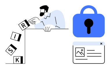 RISK etiketli blokları güvenli bir asma kilit ve belge penceresinin yanına yerleştiren adam. Risk yönetimi, siber güvenlik, veri koruması, çevrimiçi güvenlik, iş stratejisi için ideal. Asgari