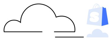 Bulut ve mavi alışveriş çantasının basit çizimi. E-ticaret, online alışveriş, bulut hizmetleri, dijital pazarlar ve teknoloji için ideal. Temiz asgari biçim