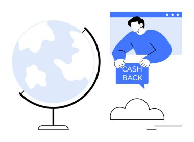 Tarayıcı penceresinde nakit para levhası tutan kişinin yanındaki dünya. Finans, e-ticaret, küresel ticaret, dijital işlemler ve online alışveriş için ideal. Minimalist, düz biçim vektörü