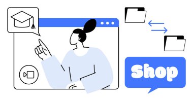 Bir web sitesindeki mezuniyet şapkası simgesini gösteren kişi. Çift yönlü oklu iki dizin dosya paylaşımını gösteriyor. 