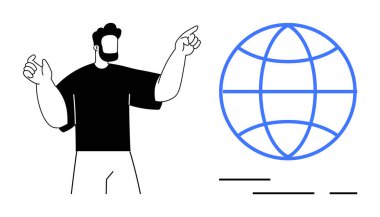 Sakallı ve günlük kıyafetleri olan bir adam mavi küreyi işaret ediyor. Eğitim teknolojisi için ideal dijital bağlantı coğrafyası küresel farkındalık uluslararası çalışmalar ve çevrimiçi çalışmalar sunar
