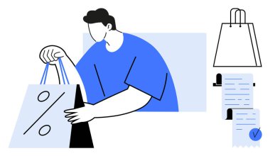 İndirimli alışveriş çantası tutan biri. Yanında bir alışveriş poşeti ve makbuz ikonları var. Alışveriş, perakende, indirim, e-ticaret, pazarlama için ideal. Düz modern biçim
