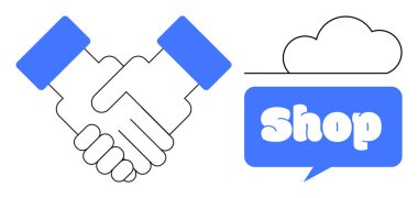 İnternetteki bir dükkanı gösteren bir bulutun yanında iki elin titremesi anlaşmayı sembolize eder. İş için ideal, e-ticaret, işbirliği, ortaklık, dijital piyasa. Basit ve modern stil