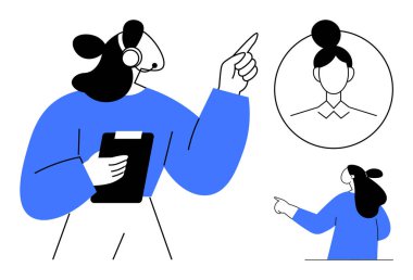 Kulaklık takan ve elinde pano tutan biri yukarıya bakıyor. Arka plandaki bir başka küçük insan daire içindeki bir portreye işaret ediyor. İletişim, müşteri hizmetleri ve destek için ideal