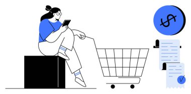 Kadın akıllı telefonuyla alışveriş arabasının yanında iletişim kuruyor. Faturalar ve dolar simgesi çevrimiçi veya dijital bir alışveriş temasını işaret ediyor. E-ticaret için ideal, mobil alışveriş, çevrimiçi ödemeler, dijital