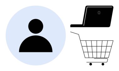 Mavi daireli bir kullanıcı profili, siyah dizüstü bilgisayar ve alışveriş arabası. E-ticaret, dijital pazarlama, online alışveriş, kullanıcı profilleri ve web tasarımı için ideal. Minimalistik basit vektör biçimi