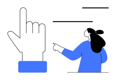 Büyük bir el, işaret eden bir parmak ve sağı gösteren bir kadın. Sunumlar için ideal kullanıcı arayüzleri eğitim amaçlı rehberler ve dersler. Modern minimalist stil