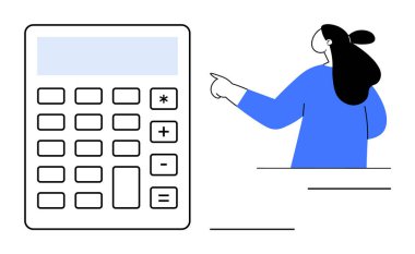 Uzun saçlı bir kişi çeşitli düğmeleri olan büyük bir hesap makinesine doğru hareket ediyor. Muhasebe, finansal planlama, matematik, eğitim ve iş sunumları için ideal. Modern minimal biçim