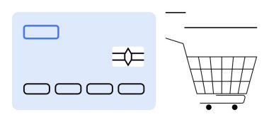 Kredi kartının basit bir çizimi, alışveriş arabasının yanında. Çevrimiçi ödemeler, e-ticaret, dijital bankacılık, perakende alışveriş ve finansal işlemler için ideal. Modern minimal biçim