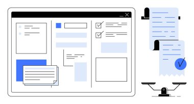 Dijital bir arayüz, belgelerin yanı sıra kontrol listeleri ve metin alanlarına sahip belge yönetimini tartı ölçeğinde gösterir. Üretim, organizasyon, finans, ofis görevleri ve proje için ideal