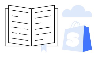 Mavi bir alışveriş çantasının yanında mavi bir kitap ayracı ve arkasında da mavi bir bulut olan açık bir kitap. E-ticaret, öğrenim, eğitim, çevrimiçi alışveriş ve bulut depolama temaları için ideal