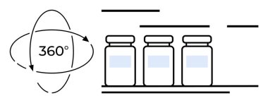 Bir rafta üç ilaç şişesi. Etraflarını 360 derecelik bir ok sarar. Sağlık, eczane, ilaç yönetimi, tıp eğitimi ve 3 boyutlu görselleştirme kavramları için idealdir. Basit satır sanatı tarzı