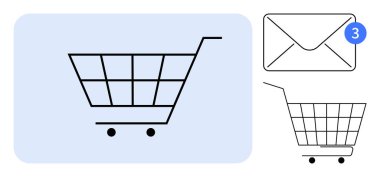 Mavi arkaplanda 3 yeni mesajı gösteren bir zarf bulunan basit bir alışveriş arabası simgesi. Çevrimiçi alışveriş, e-ticaret, tebligatlar, dijital pazarlama ve kullanıcı arayüzü tasarımı için ideal. Temiz