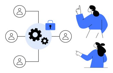 Dişlilere ve kilide bağlı iki kişi ve kullanıcı simgeleri. Takım çalışması işbirliği veri güvenliği bilişim yönetimi proje planlaması ve kullanıcı etkileşimi için ideal
