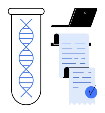 DNA sarmalı bir test tüpünün içinde, dizüstü bilgisayar ve belgelerle birlikte, genetik araştırma, biyoteknoloji, bilimsel veri analizi, tıbbi çalışmalar ve laboratuvar çalışmaları gibi konular için idealdir. Basit biçim