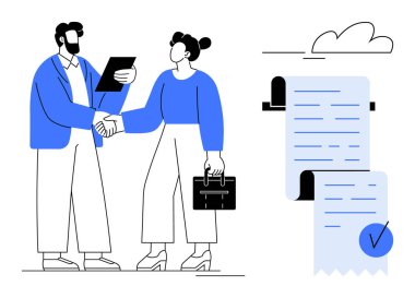 İki karakter el sıkışıyor, başarılı bir iş anlaşmasını kutluyorlar, biri bir pano tutuyor ve diğeri bir evrak çantası. Üzerinde mavi kene izi olan kağıtlar. İş anlaşmaları ve ortaklıklar için ideal