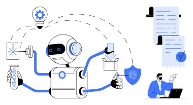 Mekanik kolları olan çok işlevli robot, laboratuvar teknisyeni ve belgelerle birlikte çeşitli alet ve cihazlar tutuyor. Teknoloji, otomasyon, robotik, yenilik ve araştırma temaları için ideal